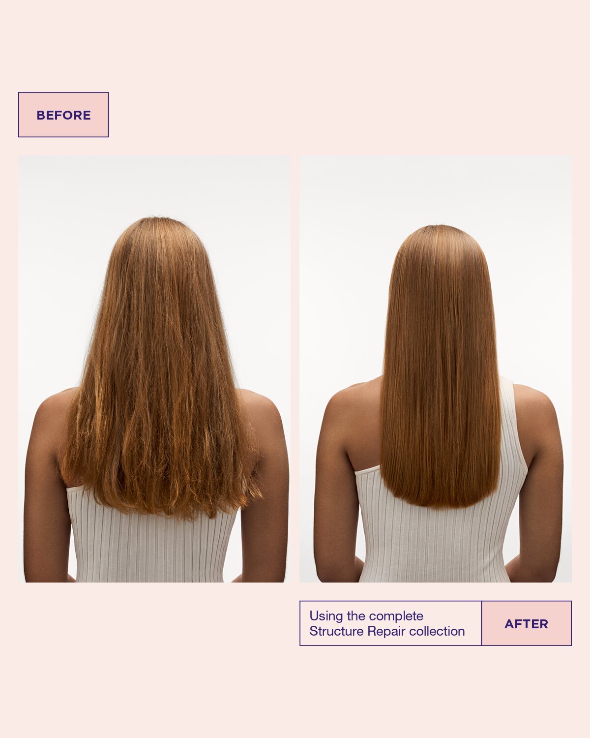Model’s hair before and after using Structure Repair Booster hair mask for damaged hair