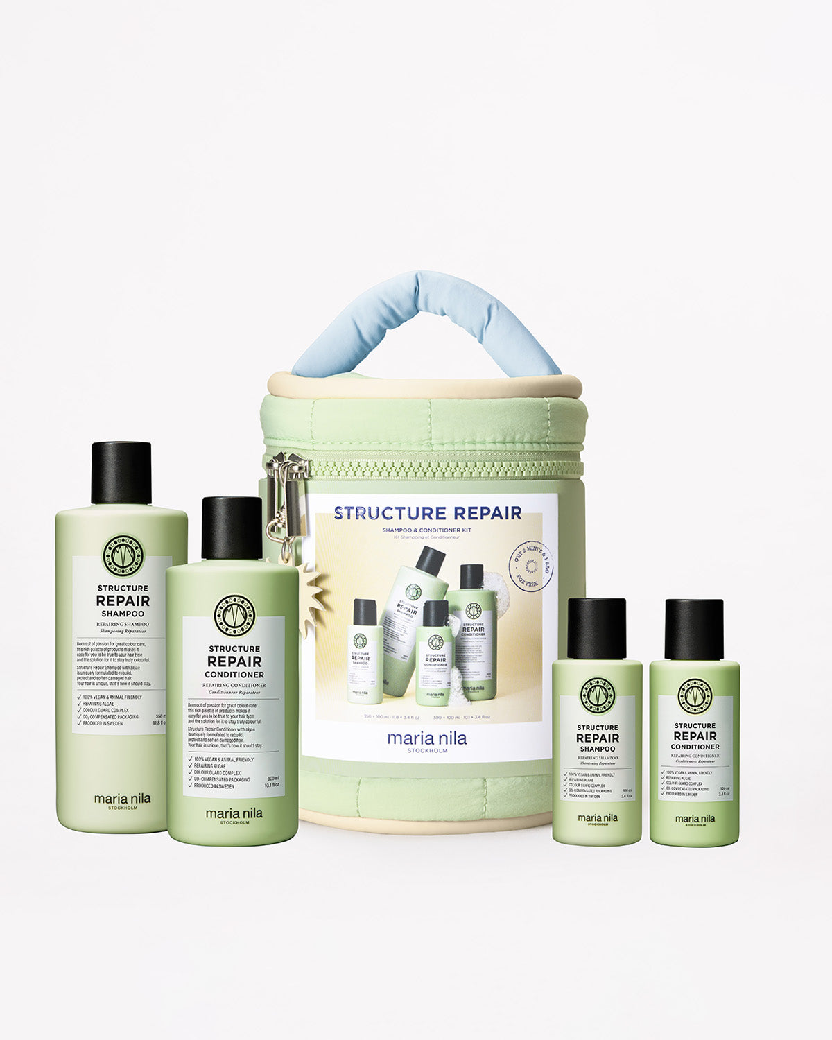 Maria Nila hair care product set with shampoo, conditioner, and a Beauty Bag on a white background.