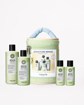 Maria Nila hair care product set with shampoo, conditioner, and a Beauty Bag on a white background.