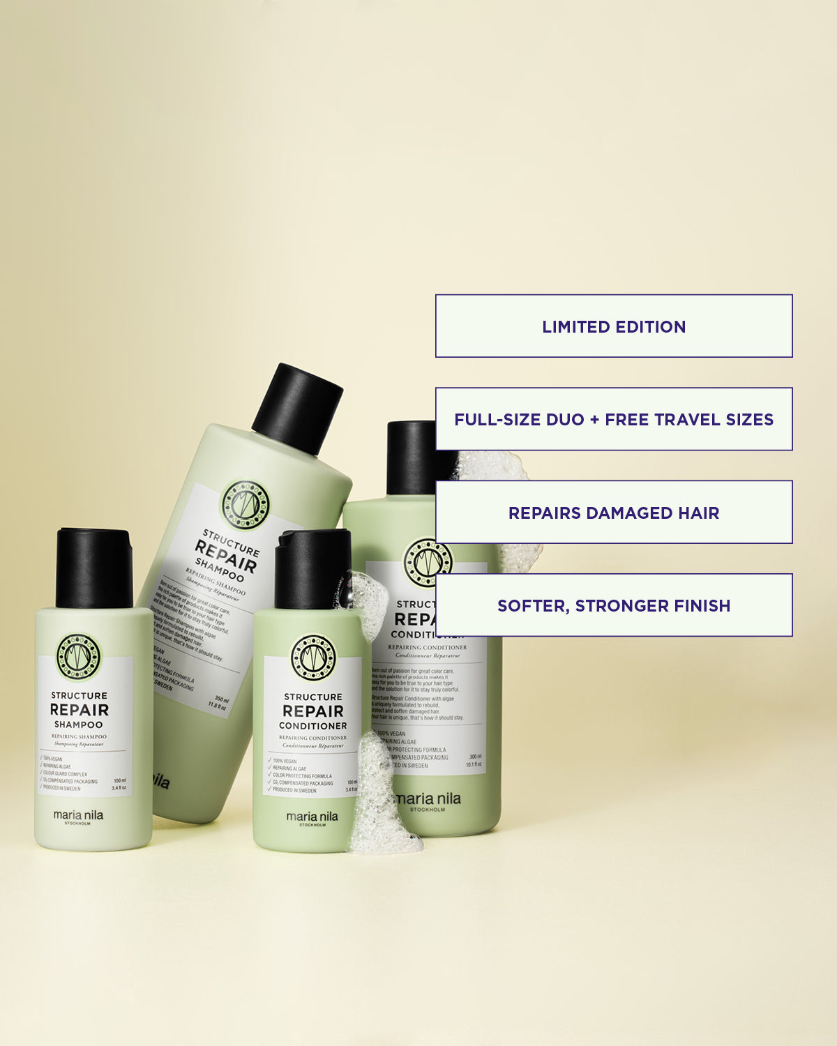 Maria Nila Structure Repair hair care products on a beige background with promotional text.