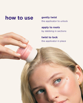 A close-up instructional graphic showing a woman applying refreshing Powder to her hair, with text on the left reading 'how to use' and instructions on the right.