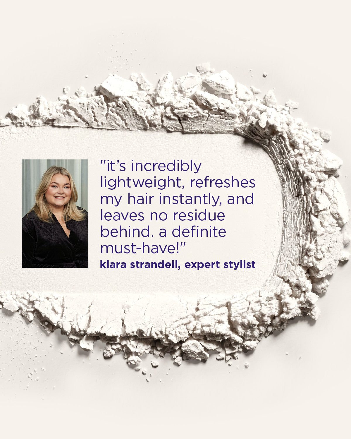 A white cosmetic powder ring is arranged on a light beige background, surrounding a white label with a quote from Klara Strandell, expert stylist.