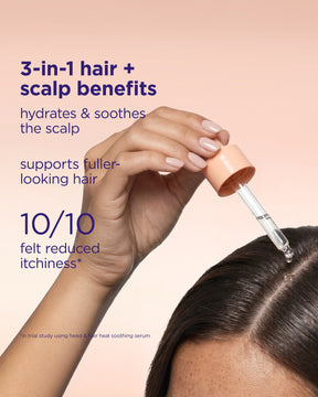 A hand holds a dropper above a person's scalp while promotional text reads '3-in-1 hair + scalp benefits' and '10/10 felt reduced itchiness' on a soft peach background.