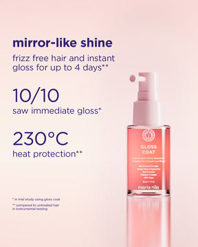 Maria Nila hair Gloss Coat Travel bottle with product features on a pink background