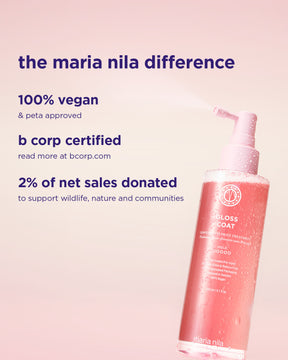 Maria Nila Gloss Coat with brand information on a pink background