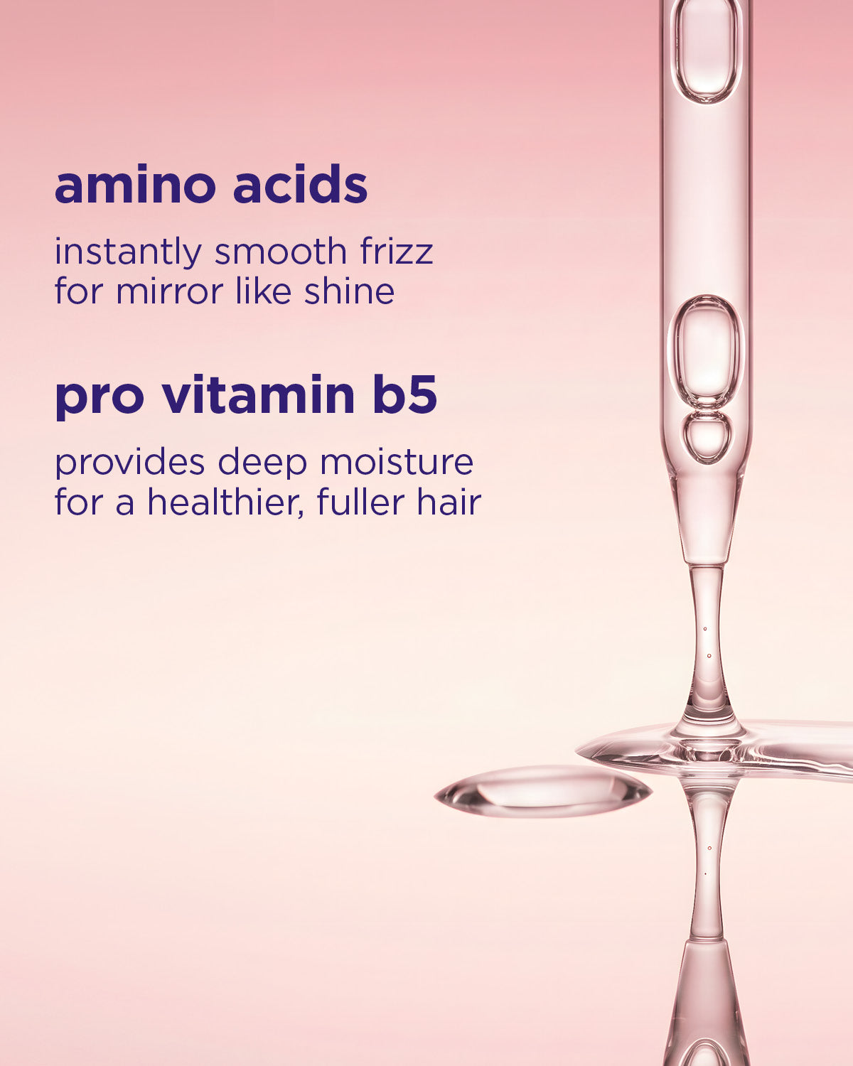 Product dropper with text about amino acids and pro vitamin b5 on a pink background