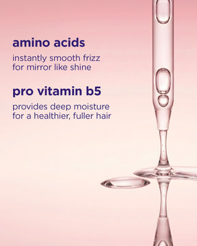 Product dropper with text about amino acids and pro vitamin b5 on a pink background