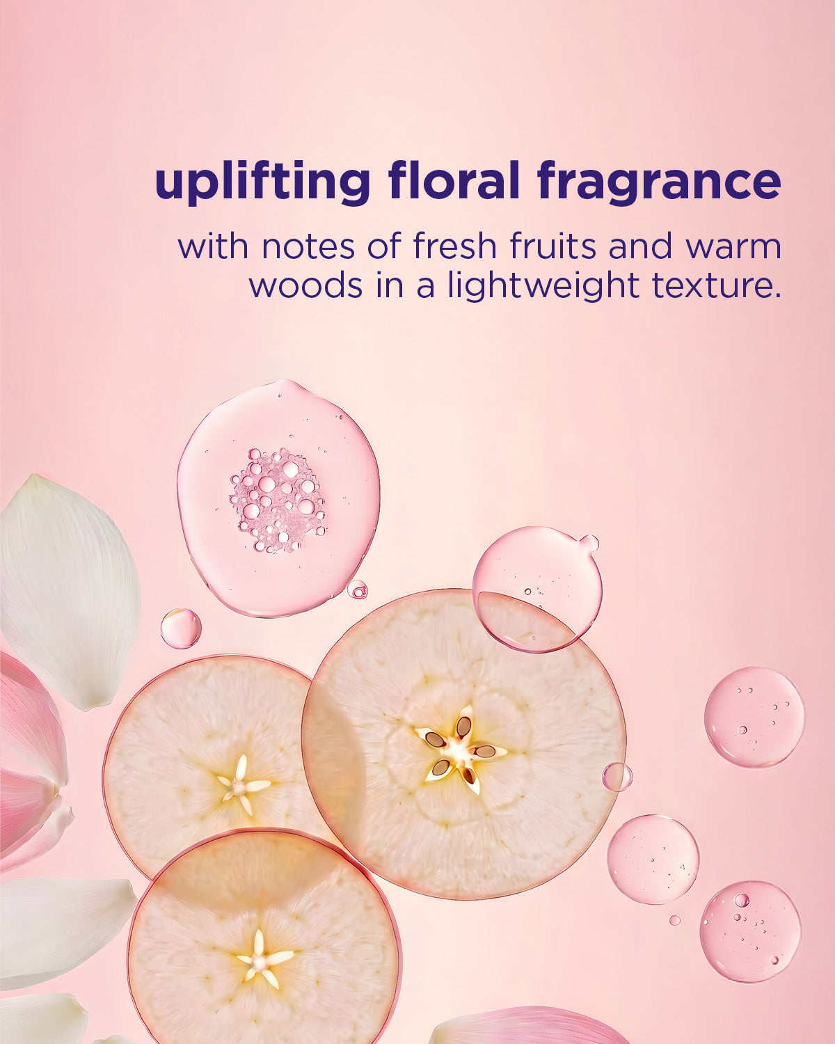 Floral and fruit-themed product description on a pink background with apple slices and bubbles.