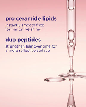 Product dropper with text about pro ceramide lipids and duo peptides on a pink background