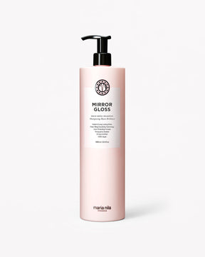 Pink bottle of Maria Nila Mirror Gloss Liter hair product on a white background