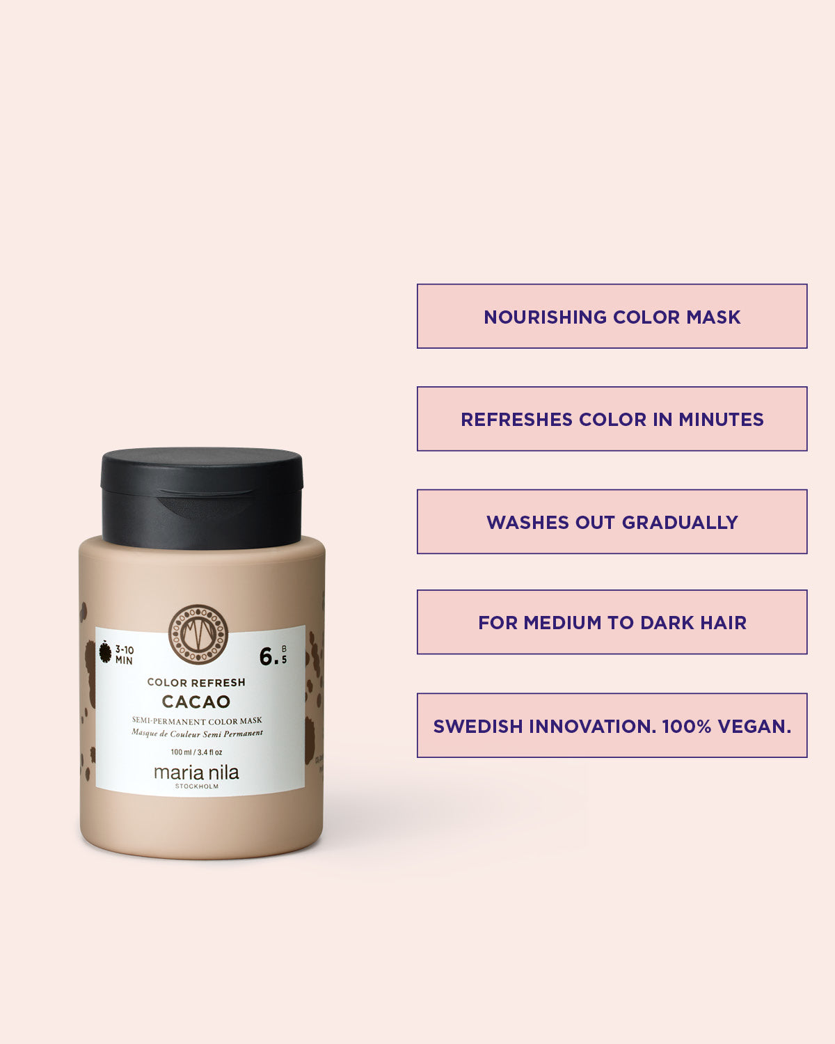 Nourishing color mask jar with text on a light pink background