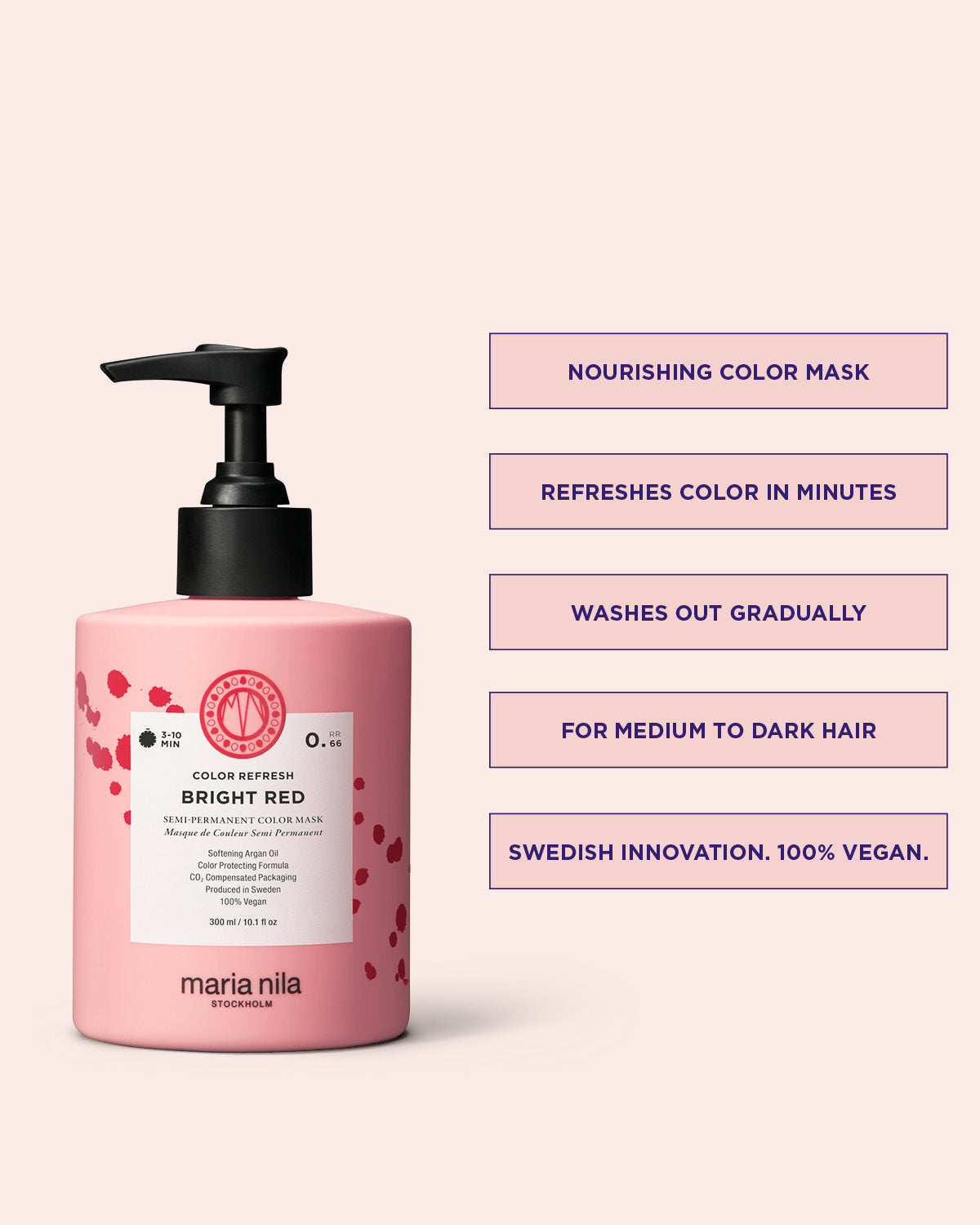 Pink hair mask bottle with pump and product details on a light pink background