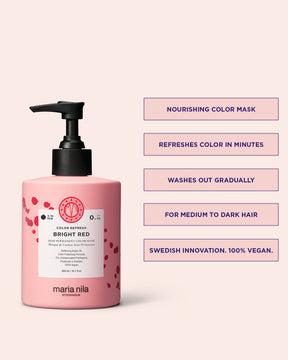 Pink hair mask bottle with pump and product details on a light pink background